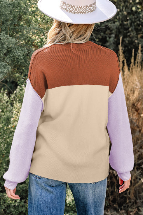 Color Block Mock Neck Drop Shoulder Knit Sweater