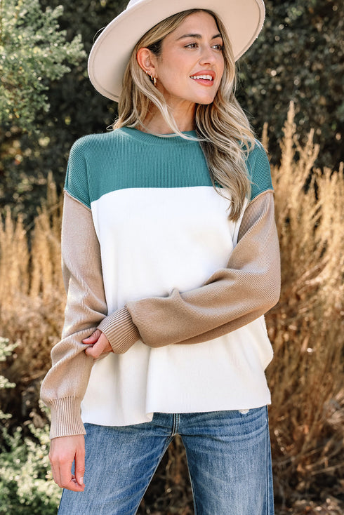Color Block Mock Neck Drop Shoulder Knit Sweater