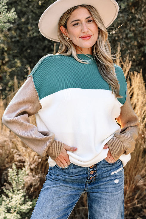 Color Block Mock Neck Drop Shoulder Knit Sweater