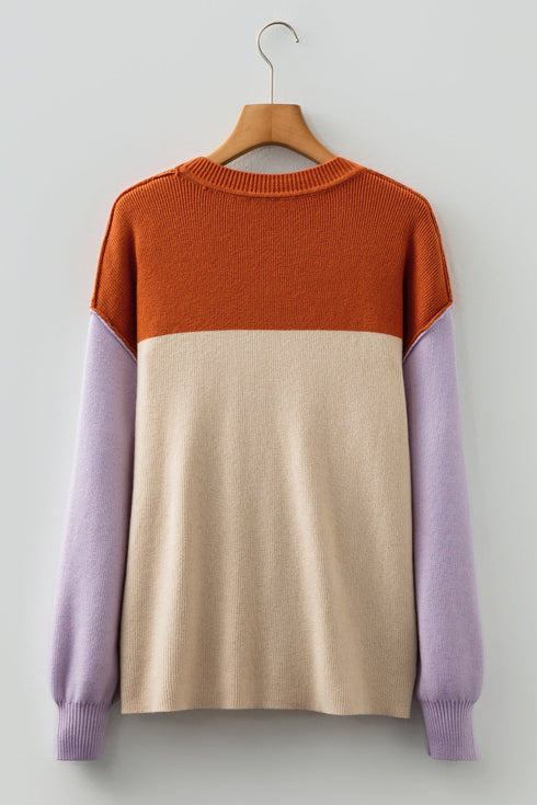 Color Block Mock Neck Drop Shoulder Knit Sweater