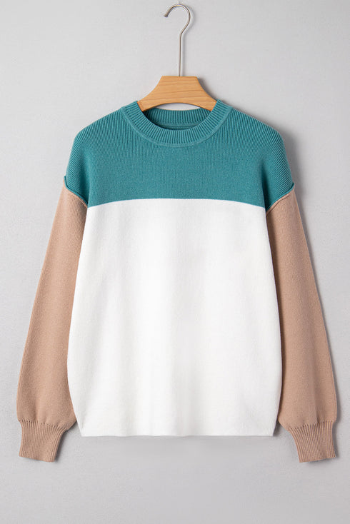 Color Block Mock Neck Drop Shoulder Knit Sweater
