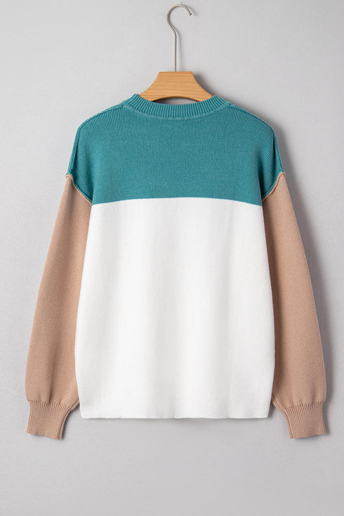 Color Block Mock Neck Drop Shoulder Knit Sweater