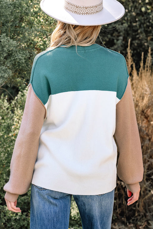 Color Block Mock Neck Drop Shoulder Knit Sweater