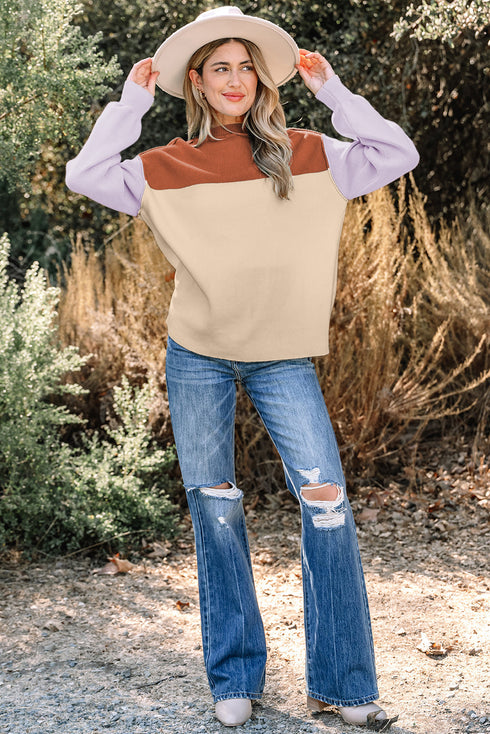 Color Block Mock Neck Drop Shoulder Knit Sweater