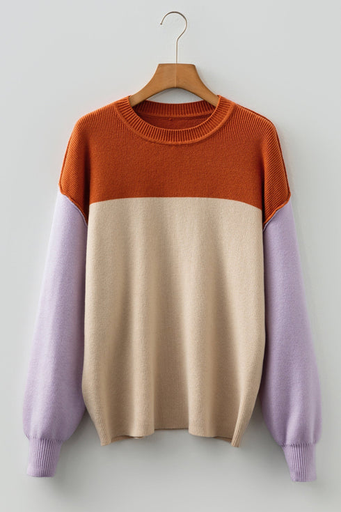 Color Block Mock Neck Drop Shoulder Knit Sweater