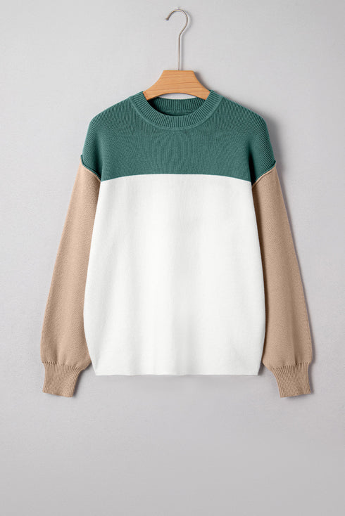 Color Block Mock Neck Drop Shoulder Knit Sweater