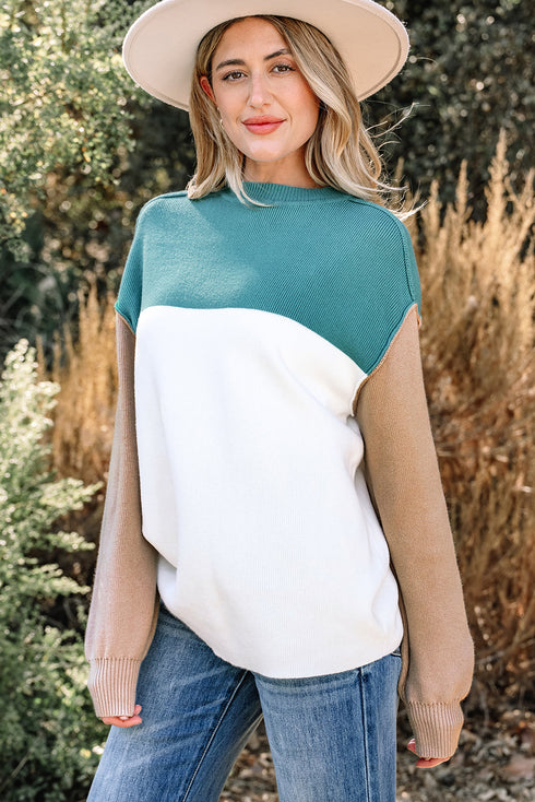 Color Block Mock Neck Drop Shoulder Knit Sweater