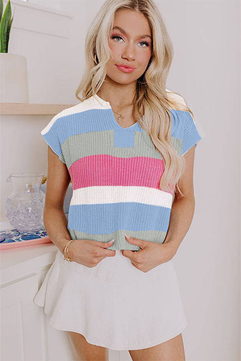 Color Block Notch V Neck Sweater T Shirt