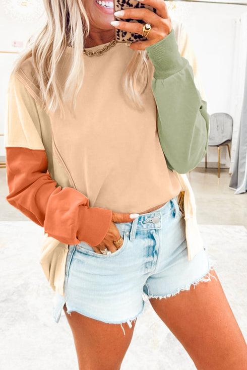 Color Block Patchwork Split Hem Crew Neck Pullover Sweatshirt