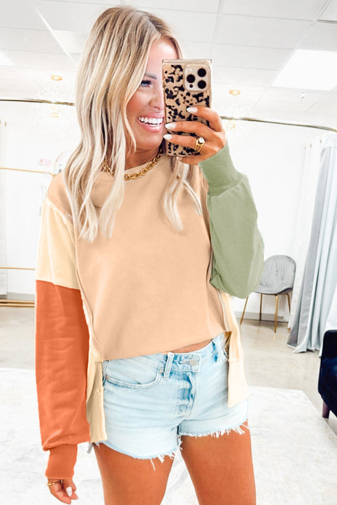 Color Block Patchwork Split Hem Crew Neck Pullover Sweatshirt