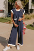 Color Block Pocketed T Shirt and Wide Leg Pants Set