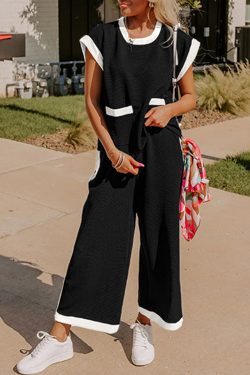 Color Block Pocketed T Shirt and Wide Leg Pants Set