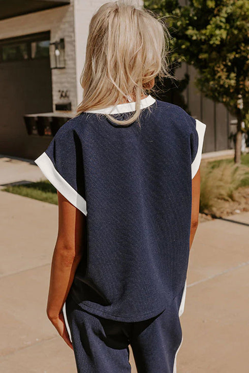 Color Block Pocketed T Shirt and Wide Leg Pants Set