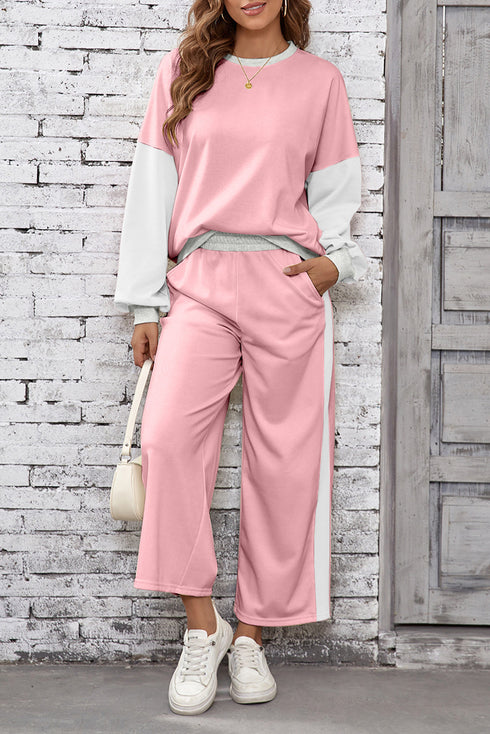 Color Block Pullover And Loose Wide Leg Pant Set