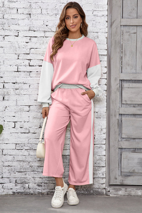 Color Block Pullover And Loose Wide Leg Pant Set