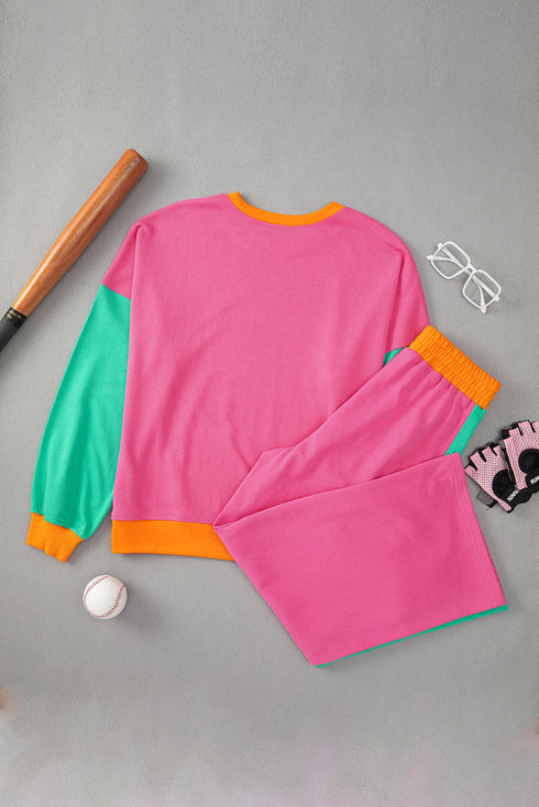 Color Block Pullover And Loose Wide Leg Pant Set