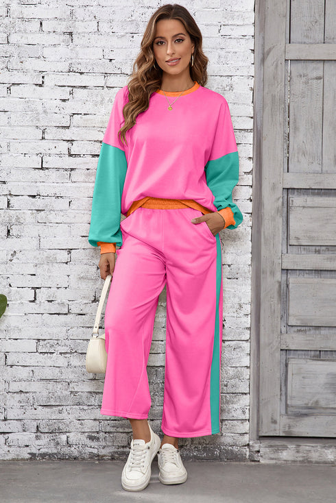 Color Block Pullover And Loose Wide Leg Pant Set
