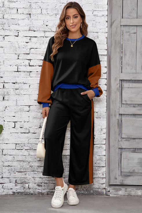 Color Block Pullover And Loose Wide Leg Pant Set