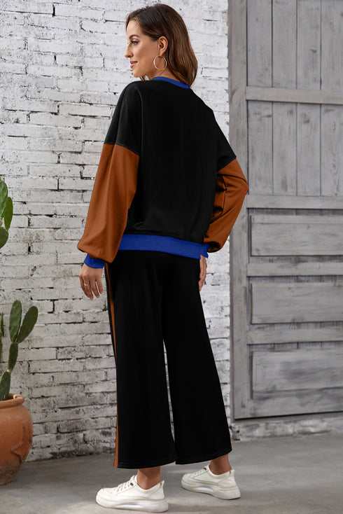 Color Block Pullover And Loose Wide Leg Pant Set