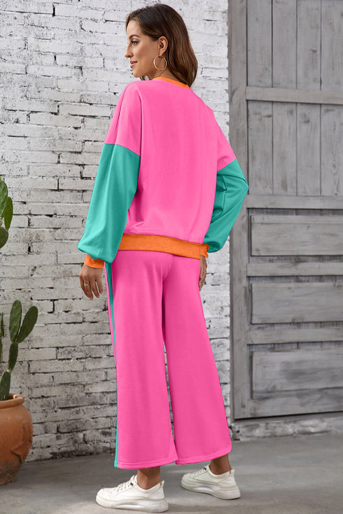 Color Block Pullover And Loose Wide Leg Pant Set