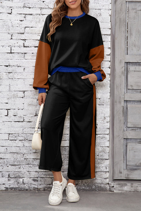 Color Block Pullover And Loose Wide Leg Pant Set