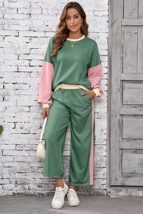 Color Block Pullover And Loose Wide Leg Pant Set