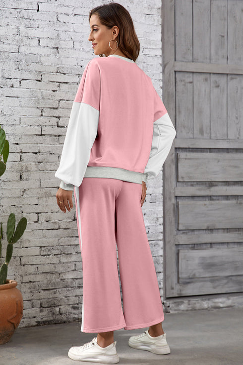 Color Block Pullover And Loose Wide Leg Pant Set