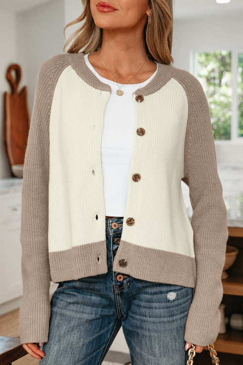 Color Block Raglan Sleeve Button Front Knit Cardigan