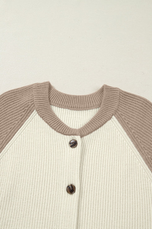 Color Block Raglan Sleeve Button Front Knit Cardigan