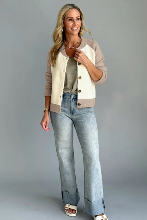 Color Block Raglan Sleeve Button Front Knit Cardigan