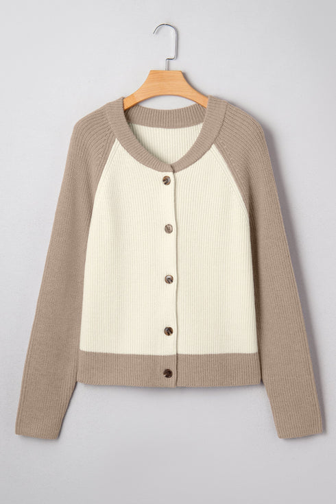 Color Block Raglan Sleeve Button Front Knit Cardigan