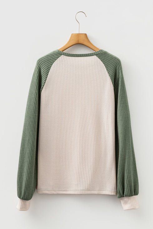 Color Block Raglan Waffle Knit Contrast Trim Top