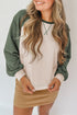 Color Block Raglan Waffle Knit Contrast Trim Top