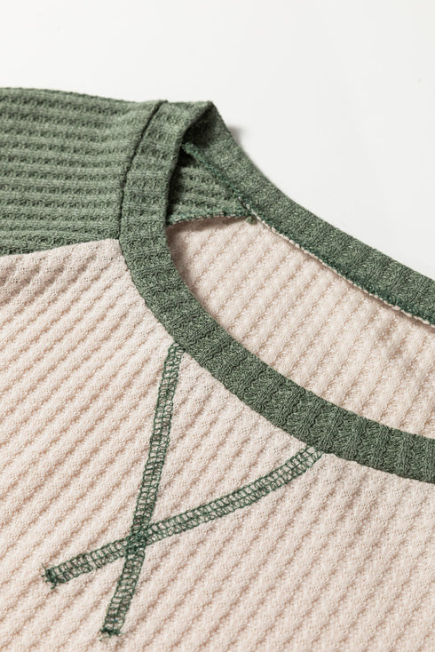 Color Block Raglan Waffle Knit Contrast Trim Top