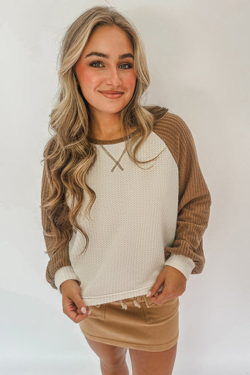 Color Block Raglan Waffle Knit Contrast Trim Top