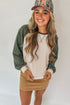 Color Block Raglan Waffle Knit Contrast Trim Top
