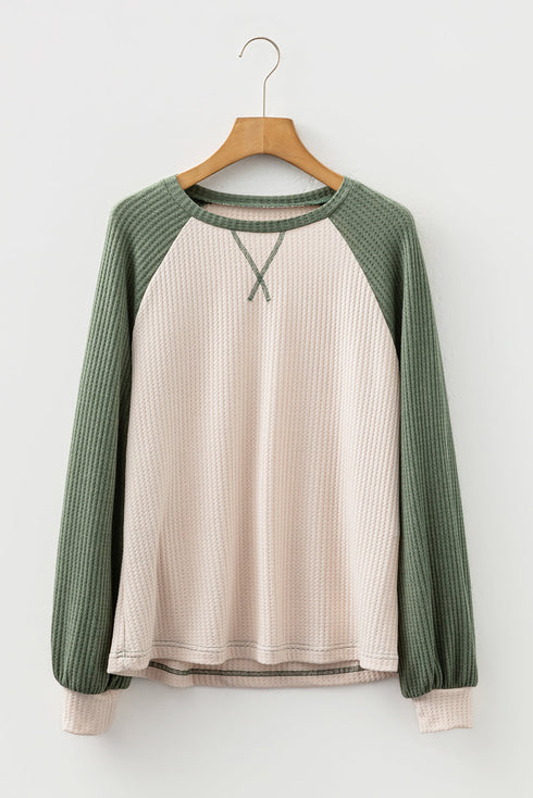 Color Block Raglan Waffle Knit Contrast Trim Top