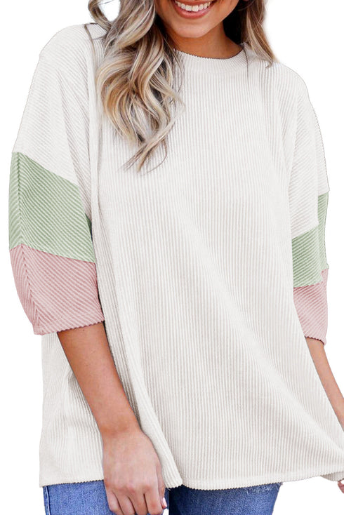 Color Block Ribbed Knit Quarter Sleeve Top