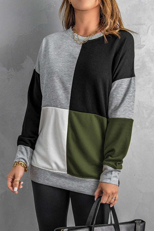 Color Block Round Neck Long Sleeves Pullover Sweatshirt