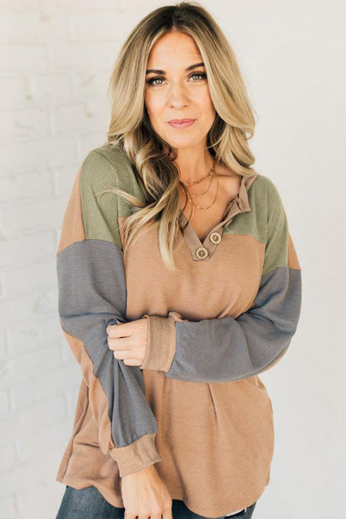 Color Block Waffle Knit Button Placket Drop Shoulder Henley Top