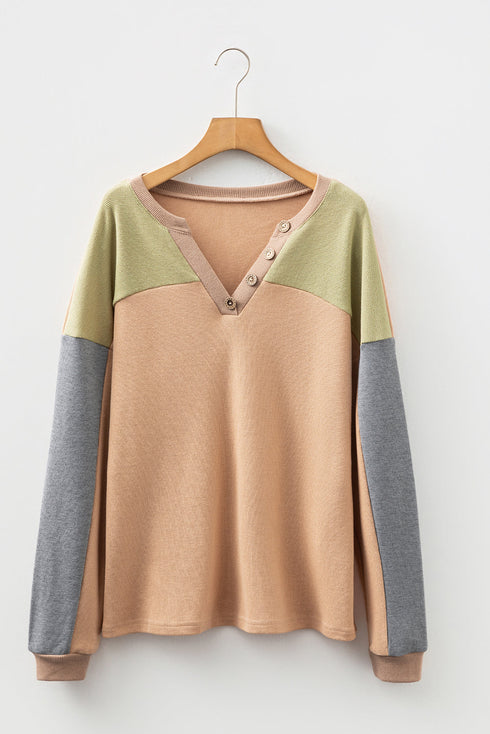 Color Block Waffle Knit Button Placket Drop Shoulder Henley Top