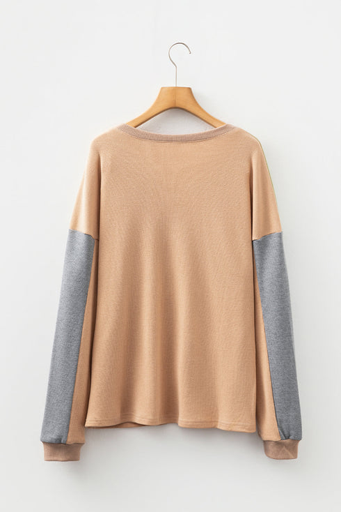 Color Block Waffle Knit Button Placket Drop Shoulder Henley Top
