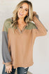 Color Block Waffle Knit Button Placket Drop Shoulder Henley Top