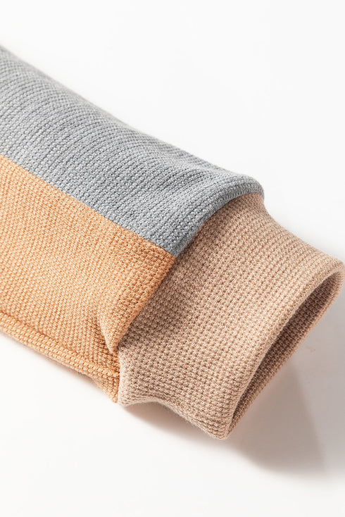 Color Block Waffle Knit Button Placket Drop Shoulder Henley Top