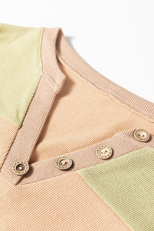Color Block Waffle Knit Button Placket Drop Shoulder Henley Top