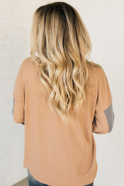 Color Block Waffle Knit Button Placket Drop Shoulder Henley Top