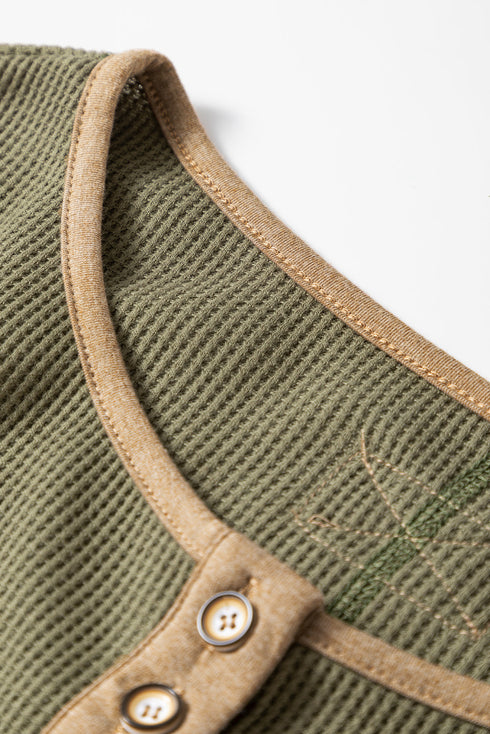 Color Block Waffle Textured Tunic Henley Top with Slits