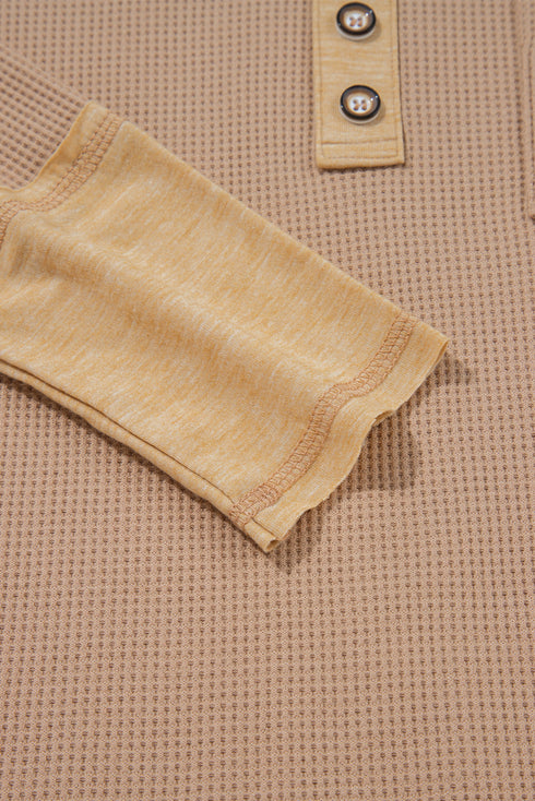 Color Block Waffle Textured Tunic Henley Top with Slits