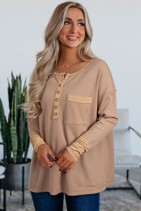 Color Block Waffle Textured Tunic Henley Top with Slits