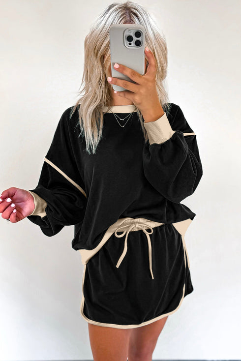 Color Contrast Loose Pullover and Lace-up Waist Skort Set